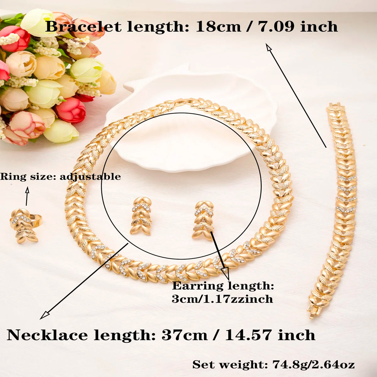 Conjunto Dubai Luxo – Colar, Brincos, Pulseira e Anel Dourado_BANHO 18K